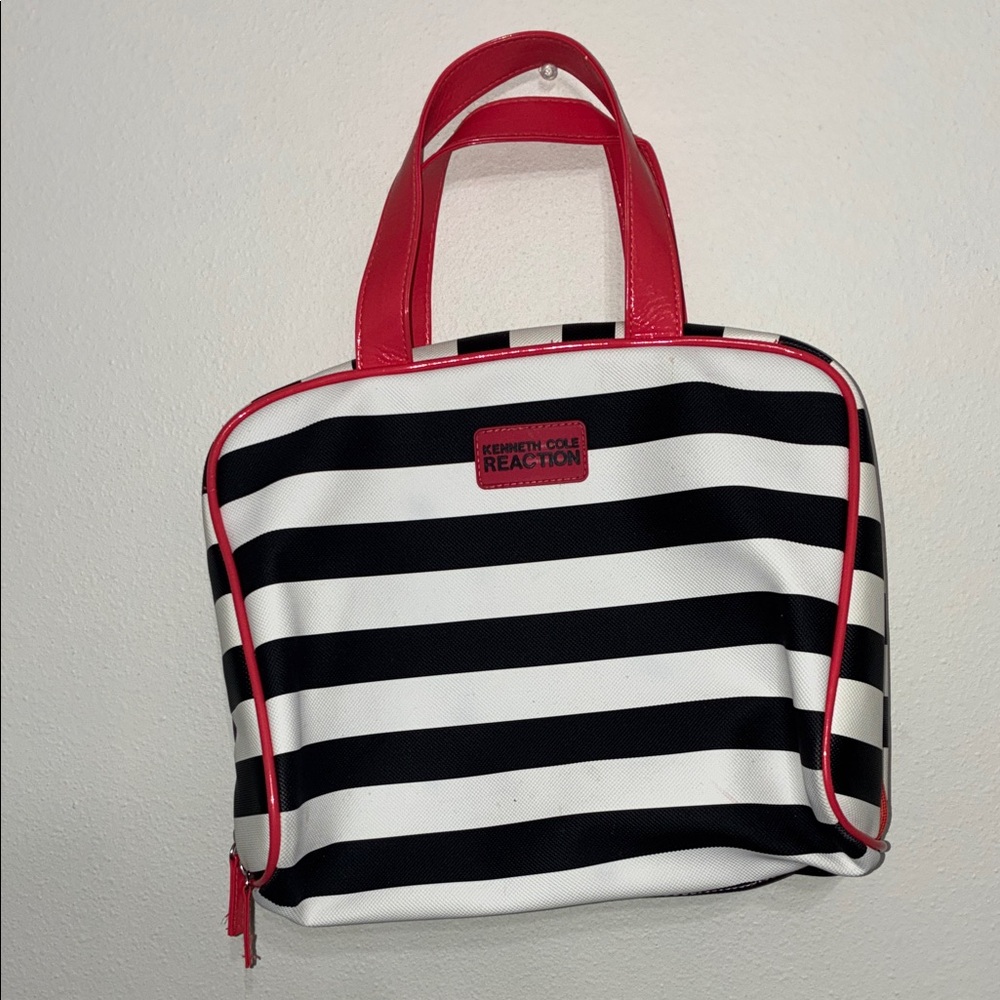Kenneth Cole Reaction Black and White Striped Cosmetic Bag with Red Trim